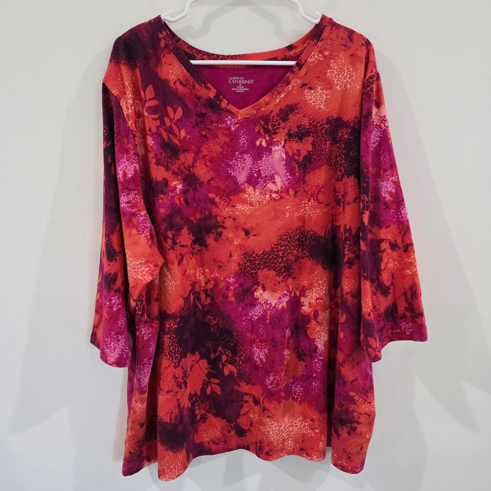 Liz Me Catherines Women Top 2X Pink Orange Floral Animal Print V Neck 3/4 Sleeve